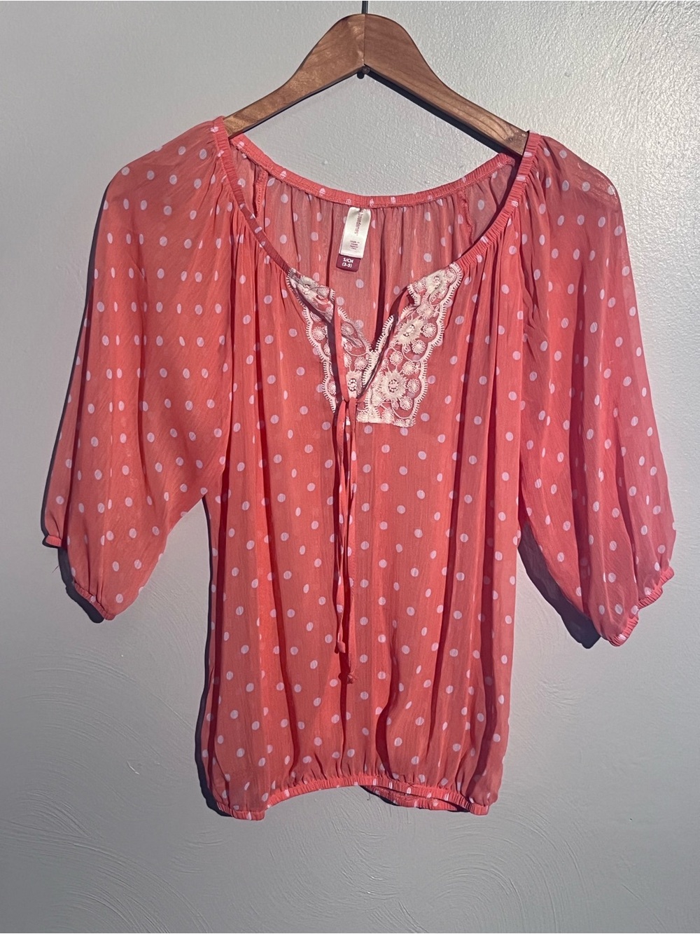 No Boundaries Coral Polka Dot Peasant Blouse with Lace Yoke
